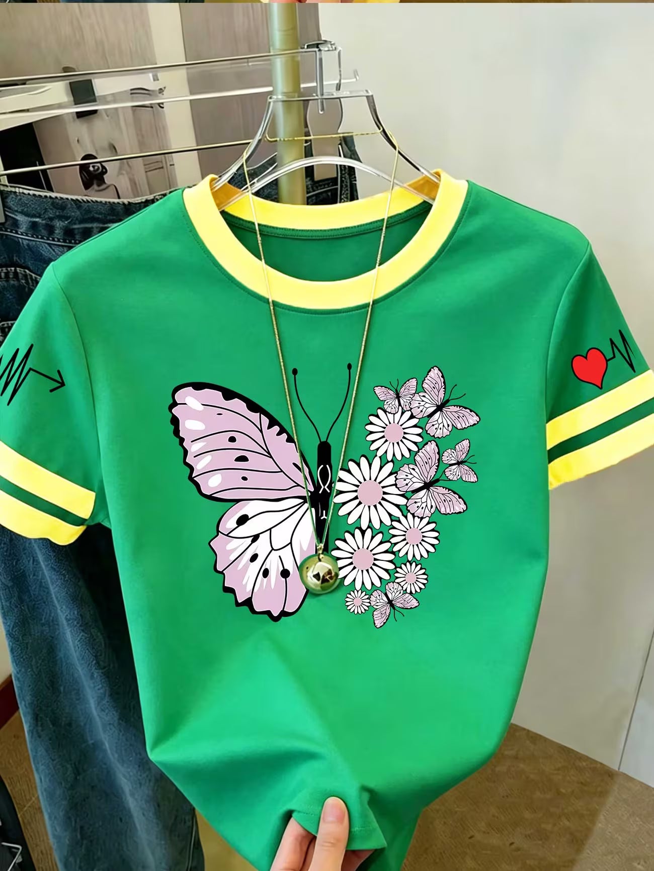 Soft Pink Butterfly & Daisy Print Short-Sleeve Blouse
