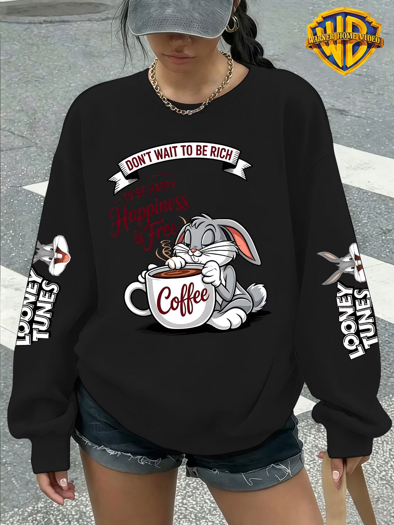 Women's Crew Neck Sweatshirt – Coffee-Themed Cartoon Bunny Graphic