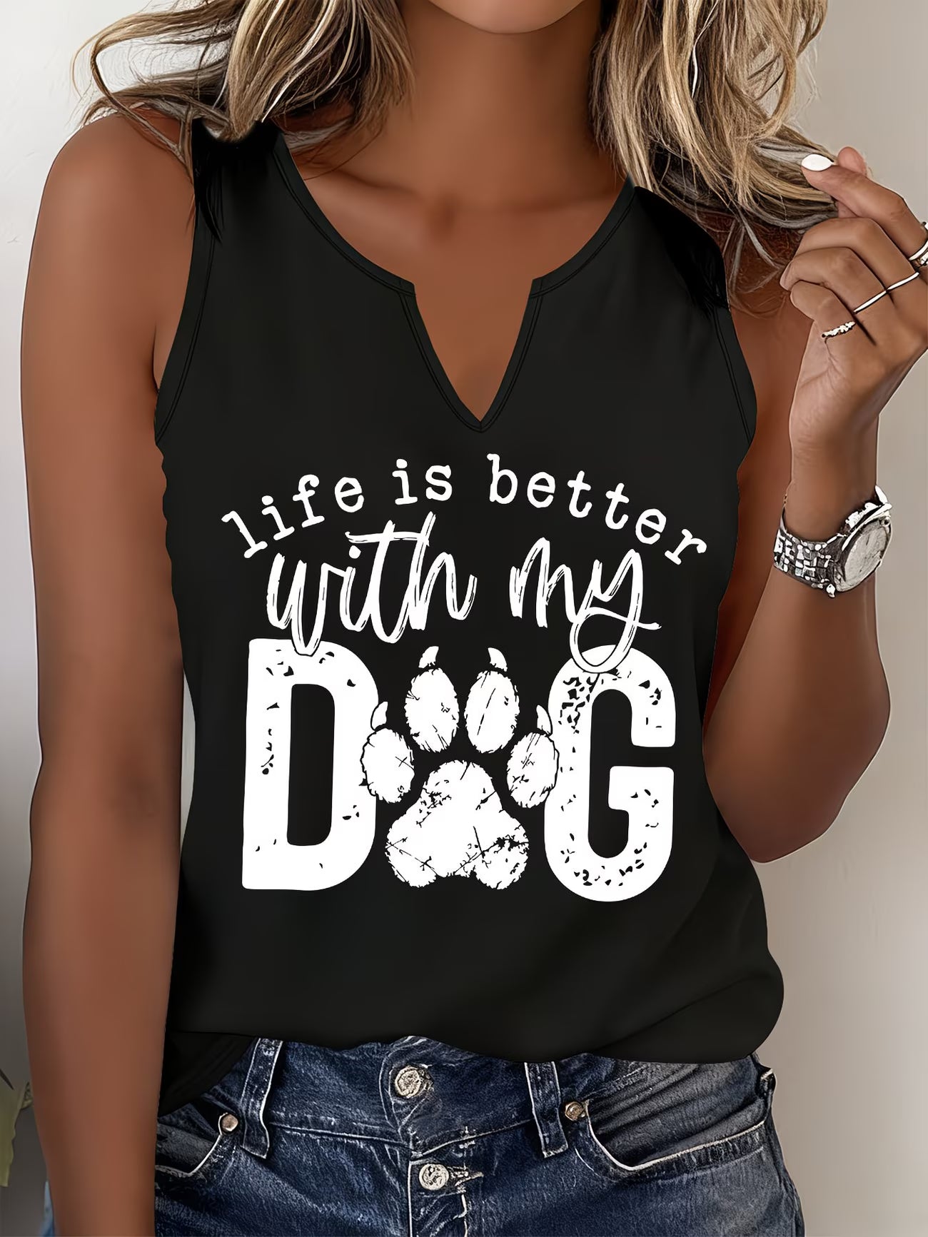 Dog Print V-Neck Sleeveless Vest Top