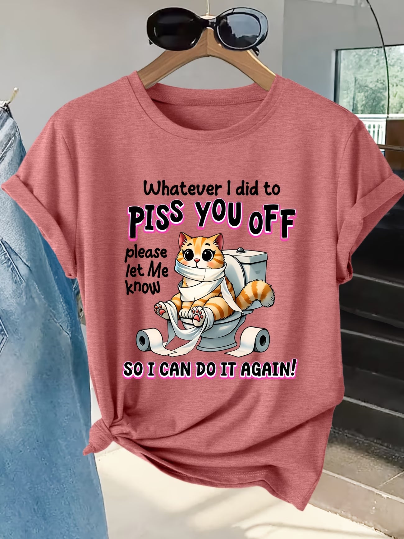 Women's Funny Toilet Cat Graphic Tee | Quirky Short-Sleeve T-Shirt