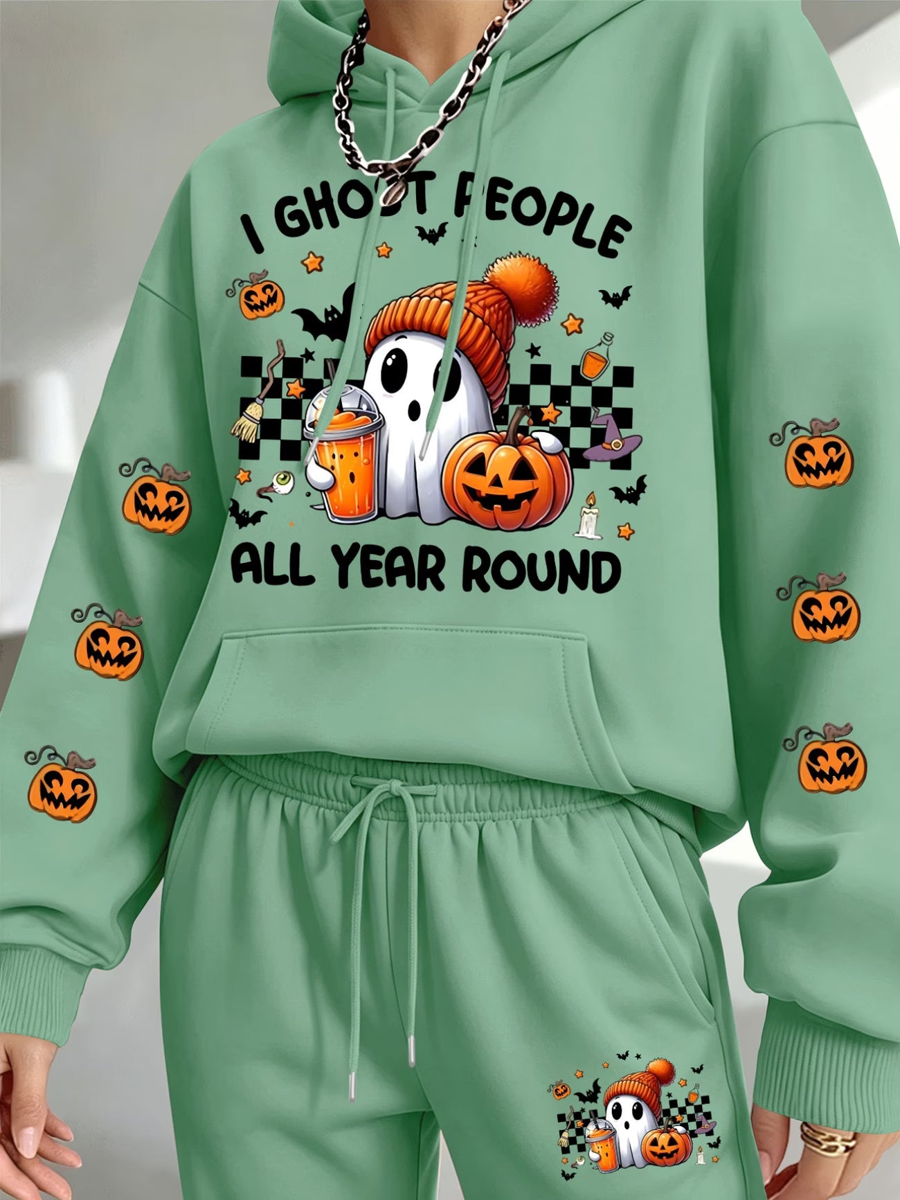 Women's Halloween Ghost & Jack-O'-Lantern Print Hoodie & Jogger Set