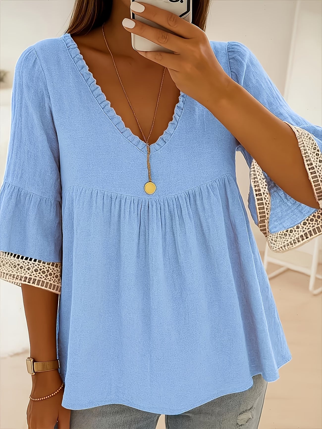 Women's Bohemian Ruffle V-Neck Short Sleeve Shirt