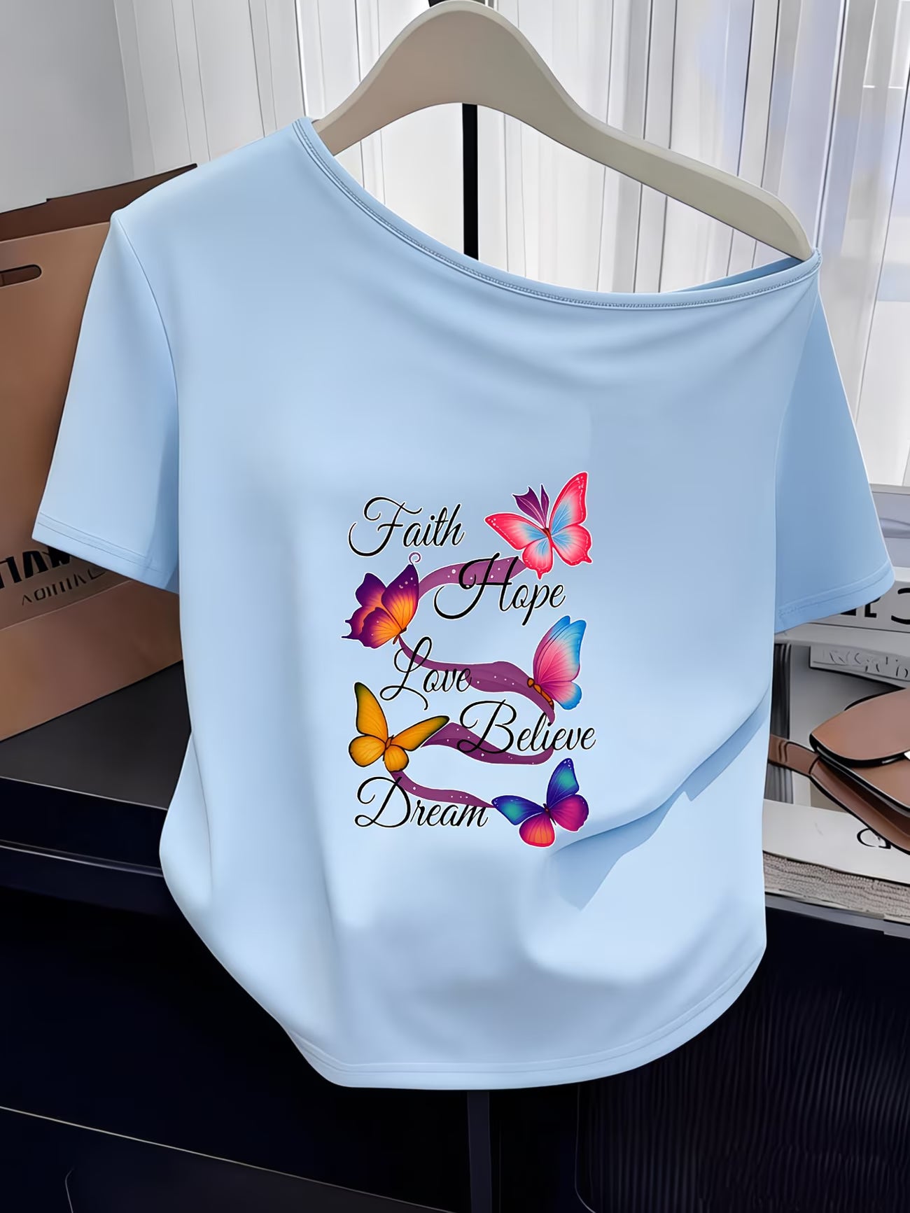 Butterfly Print Off-Shoulder T-Shirt