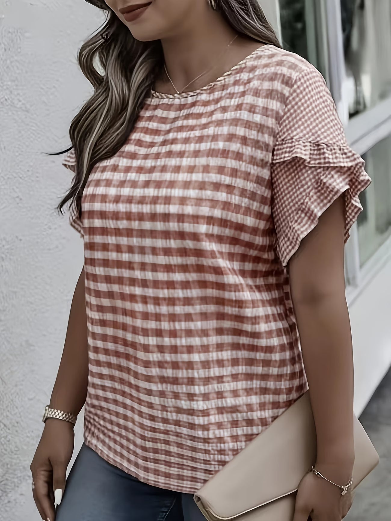 Checkered Short-Sleeve Top with Ruffle Detail