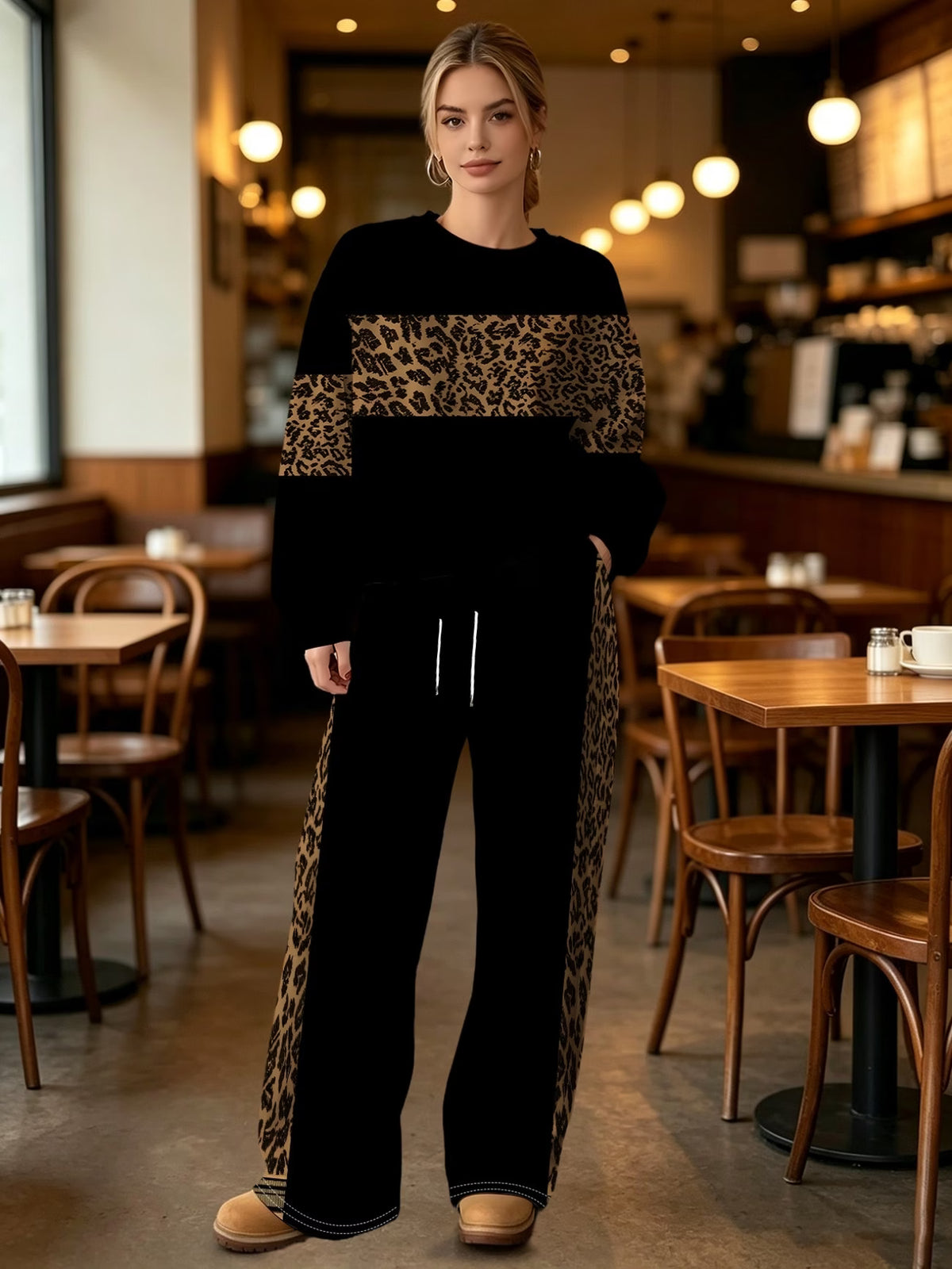 Women's Leopard Print Patchwork Crew-Neck Sweatshirt Set