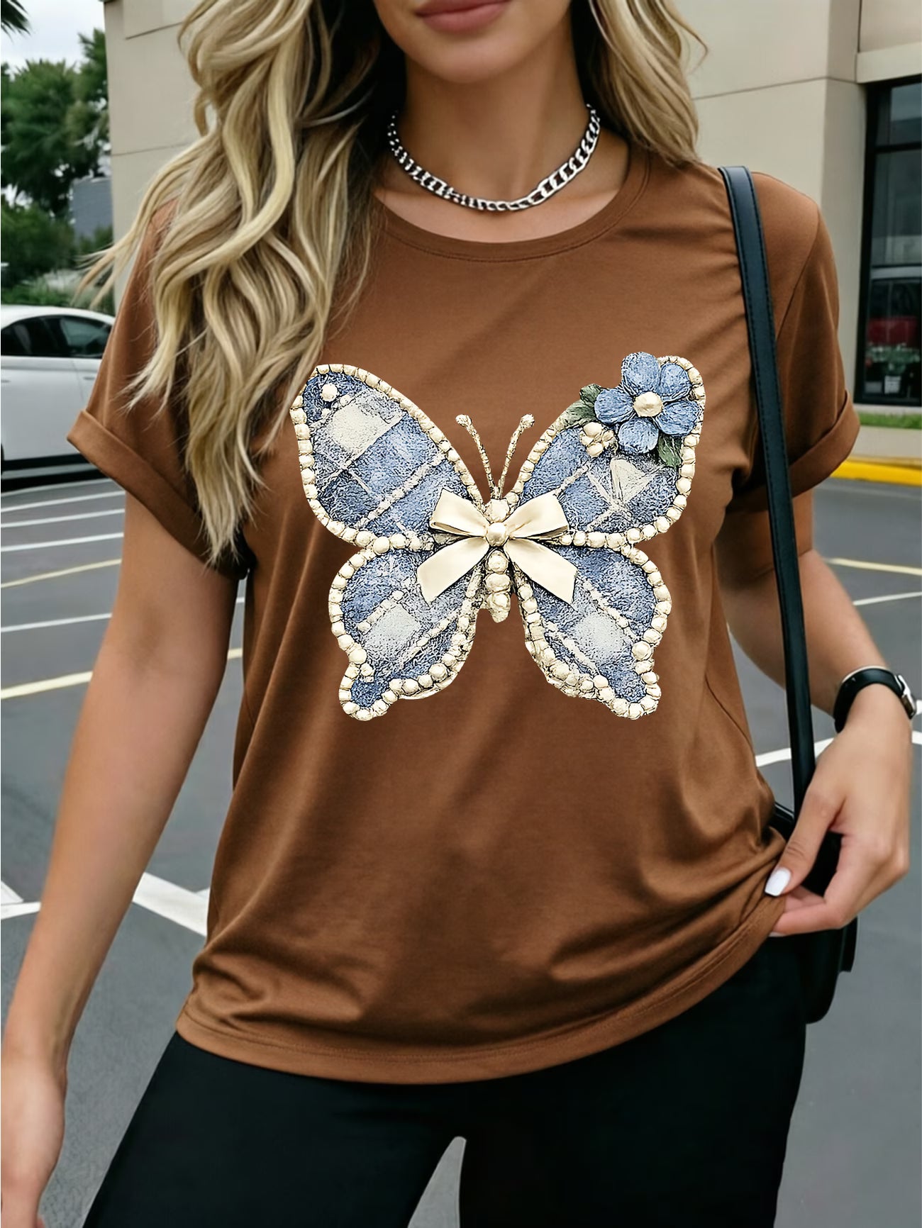 Denim T-Shirt - Soft Pearl Bow & Heart