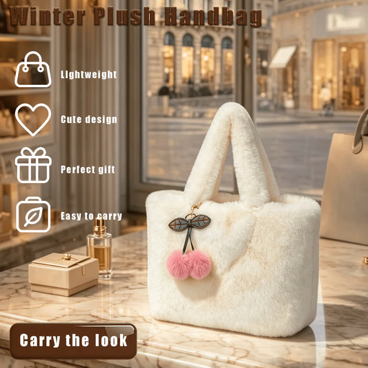 Women's Plush Tote Shoulder Bag with Cherry Pendant