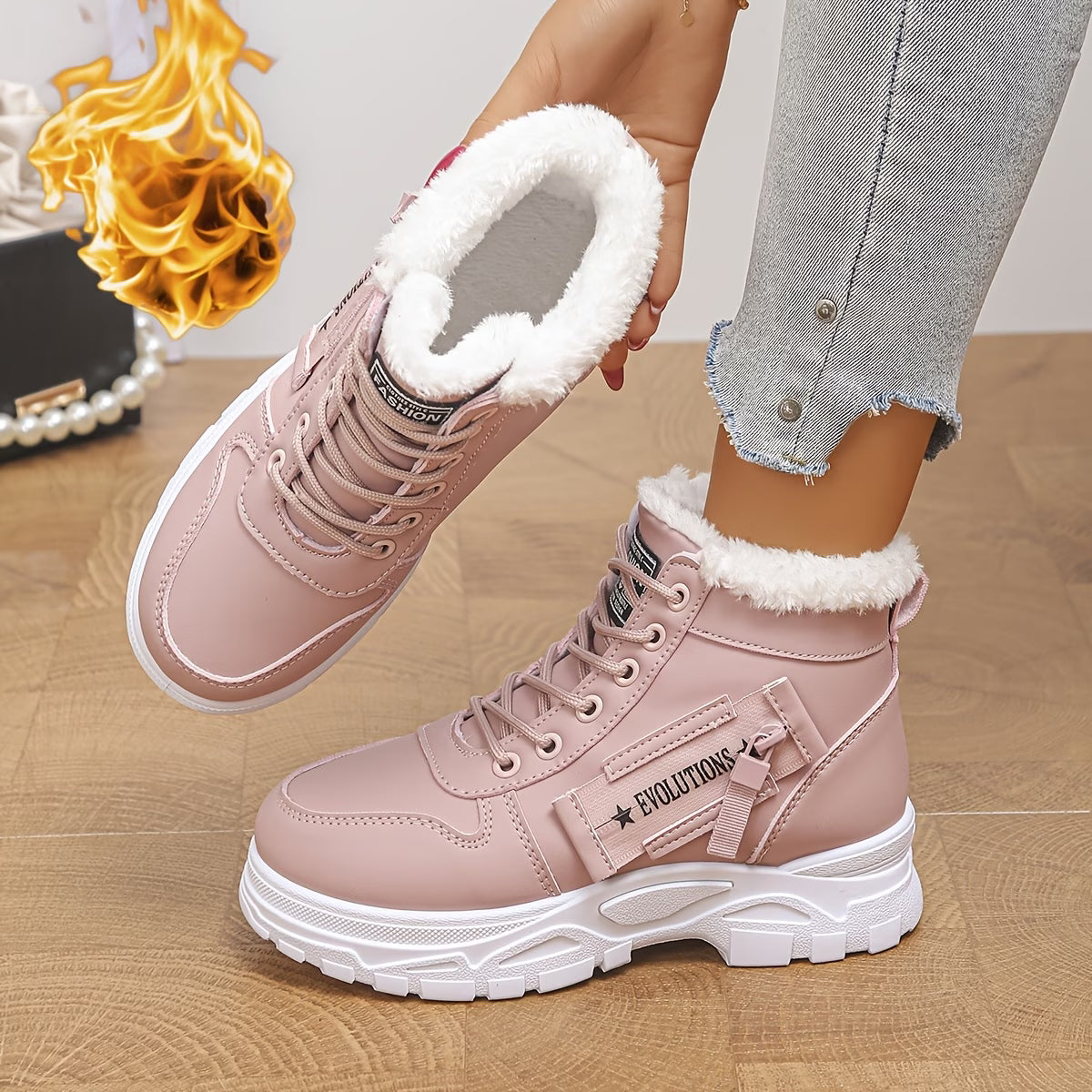 Women's Warm Lace-Up Winter High Top Sneakers with Fluffy Trim & Platform Sole