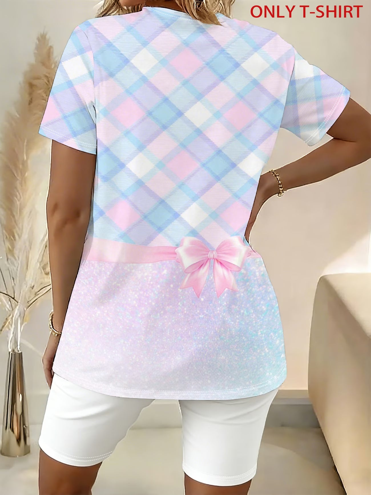 Pink & Blue Checkered Bow Glitter Print Side Slit T-Shirt – Plus Size