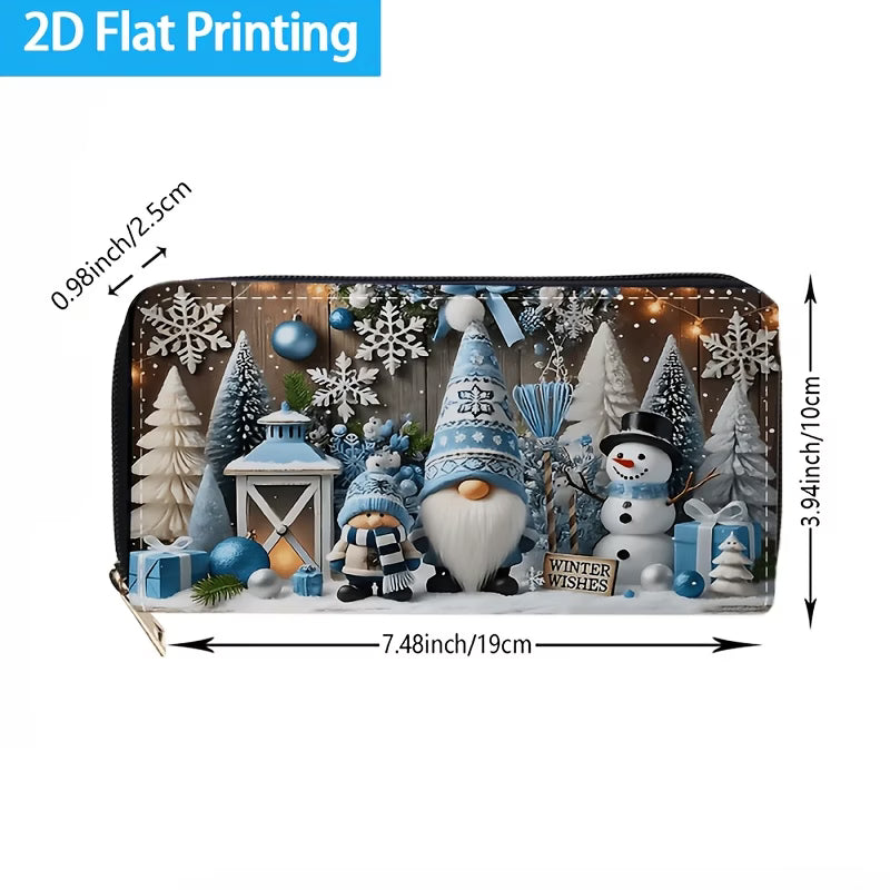 Blue Christmas Gnome & Snowman Long Zip Wallet