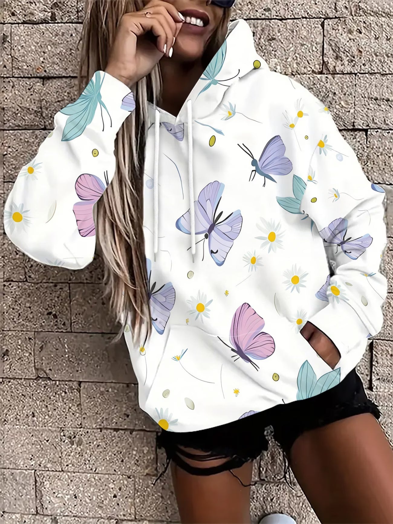 Women's Hooded Sweatshirt – Colourful Butterfly & Floral Print