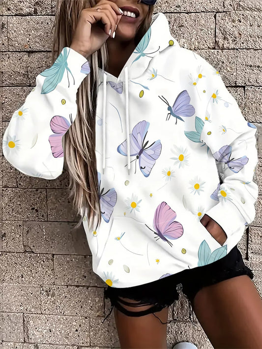 Women's Hooded Sweatshirt – Colourful Butterfly & Floral Print