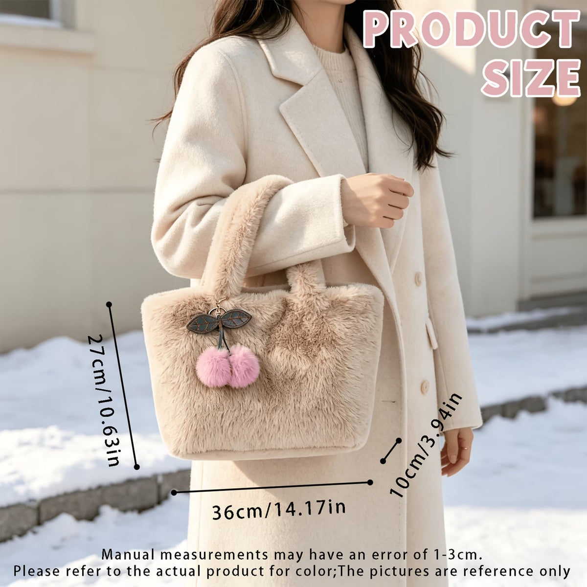 Women's Plush Tote Shoulder Bag with Cherry Pendant