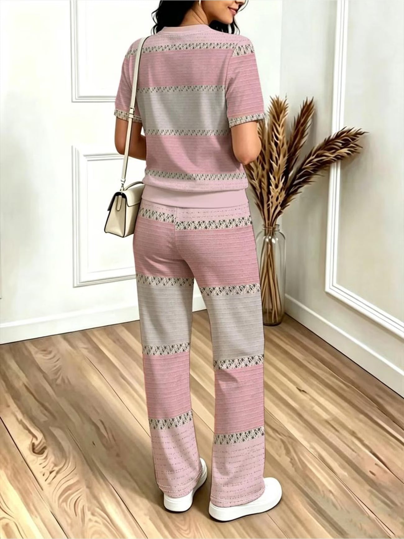 Striped Lace Trim Women's Pants Set