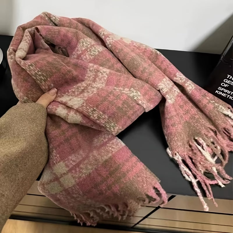 Rose-Coloured Plaid Oversized Winter Scarf