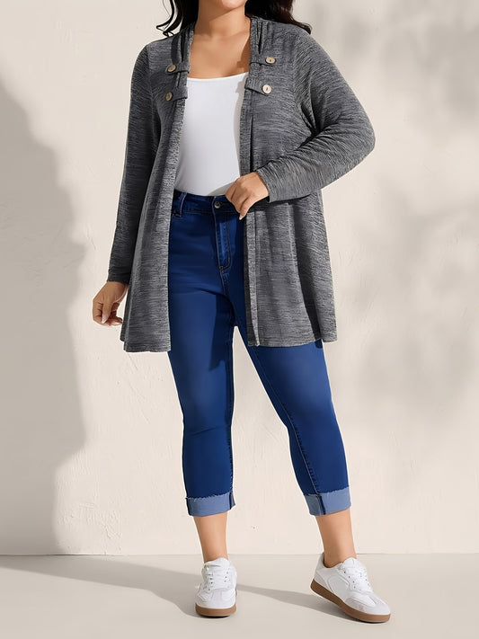 Plus Size Women'S Elegant Open Collar Button-Front Cardigan Sweater