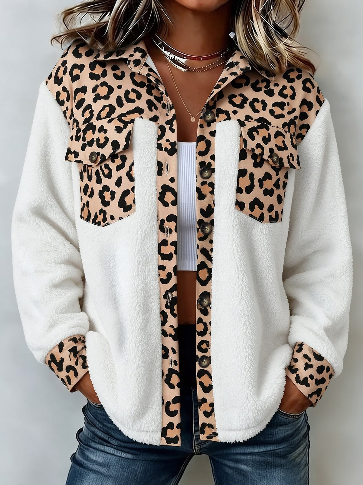 Women's Leopard Patchwork Plush Shirt Jacket