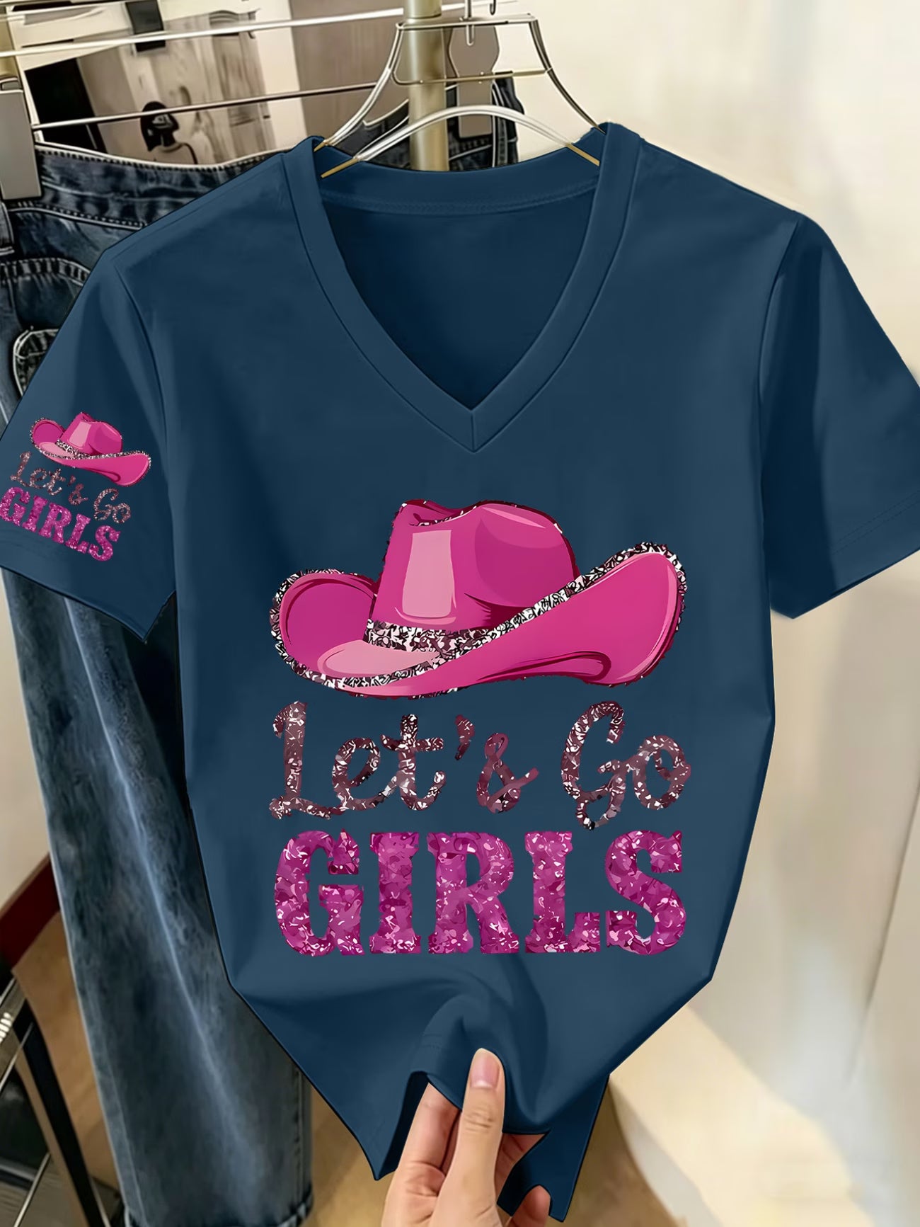 Summer V-Neck T-Shirt | Denim Hat Pattern Print | 'Let's Go' Slogan