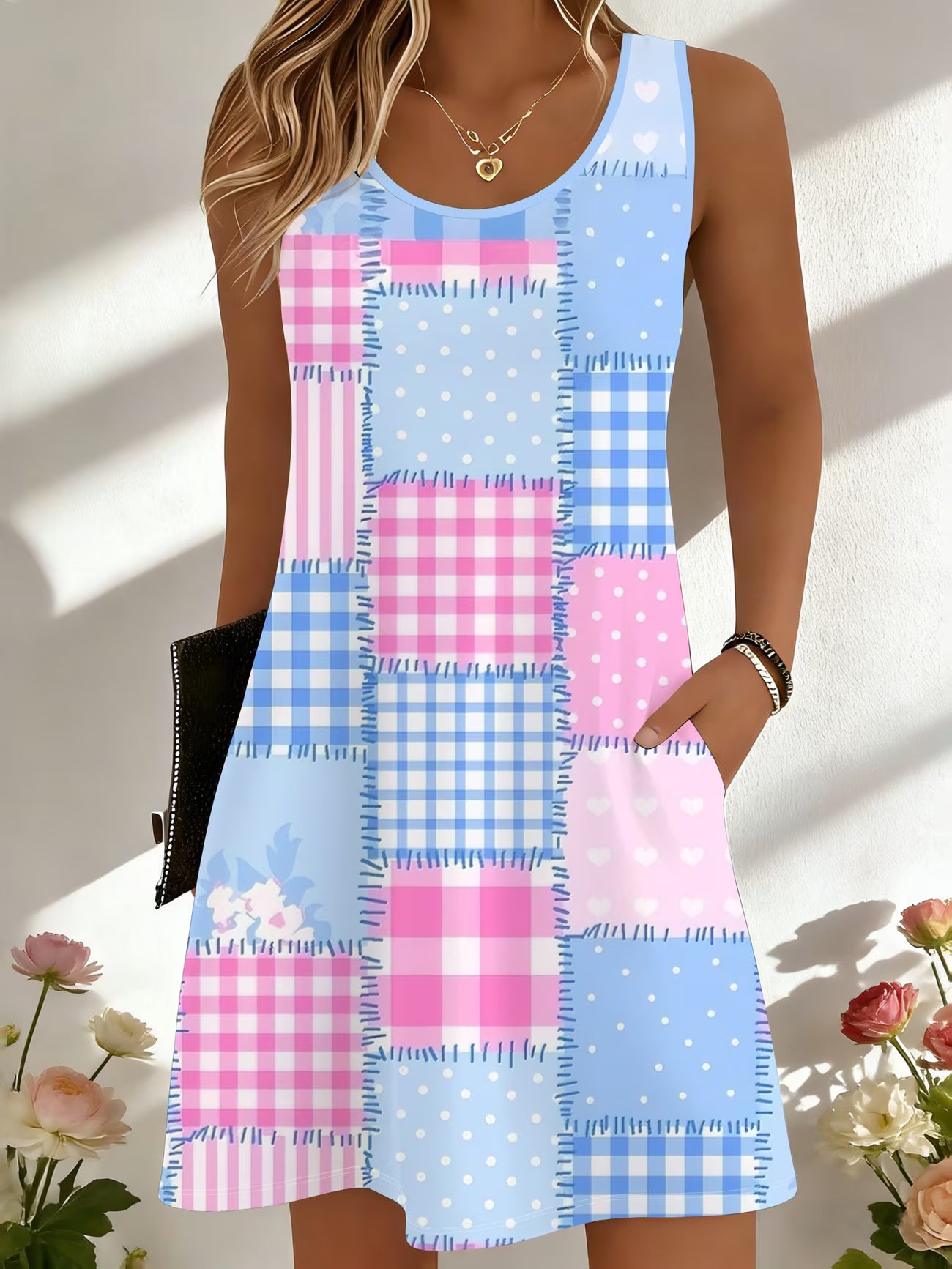 Women's Sleeveless Dress – Plaid, Polka Dot & Floral Print | Pink & Blue