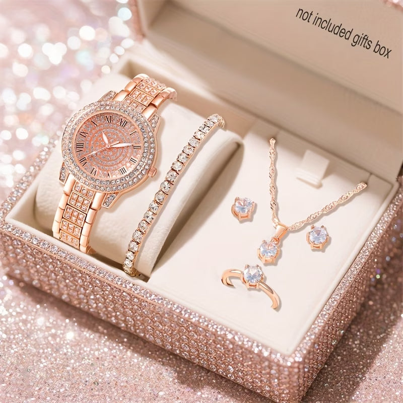 6pcs Ladies' Silvery Quartz Watch & Jewellery Set