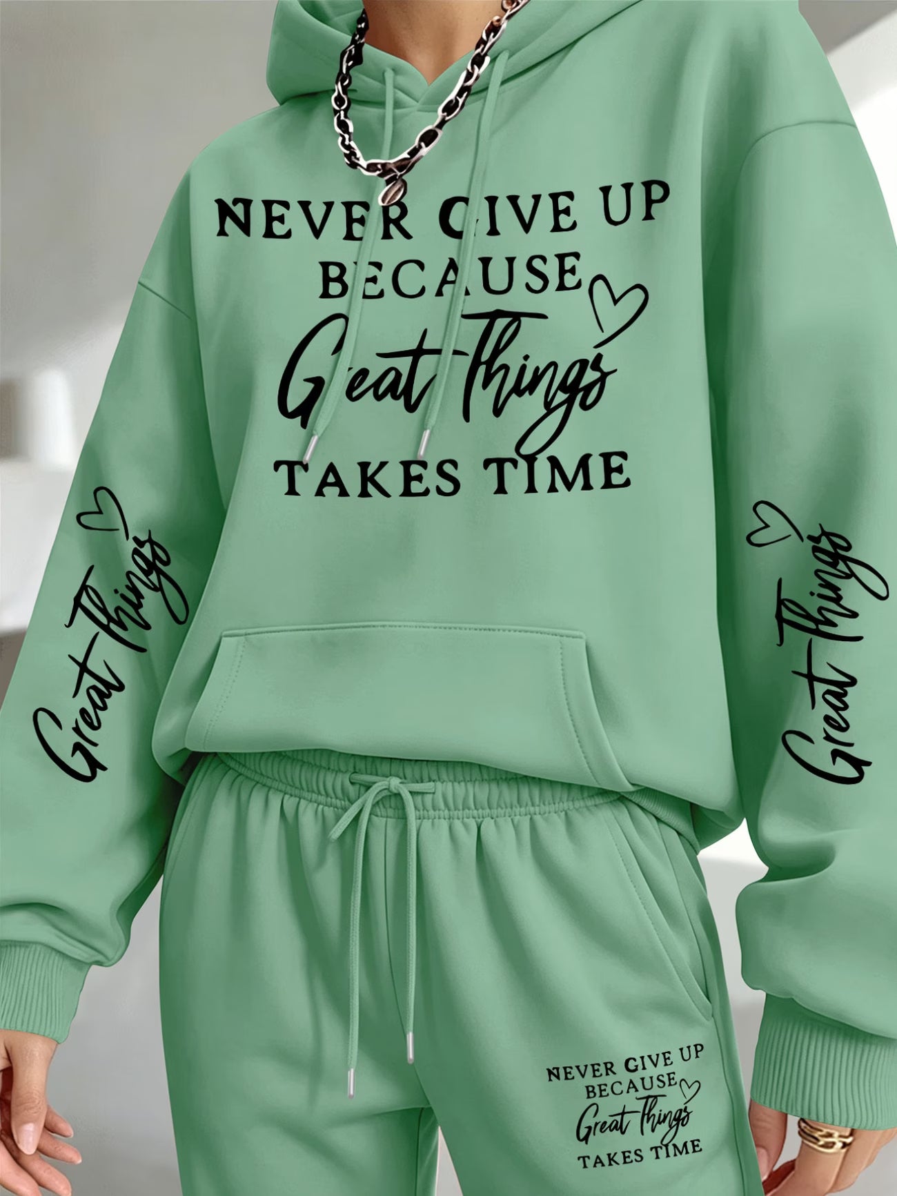 Perseverance & Patience Inspirational Print Hooded Sweatshirt & Sweatpants Set