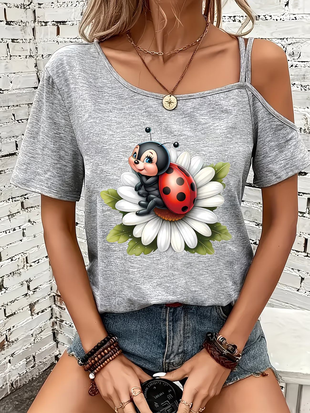 Ladybug Print Off-Shoulder Top