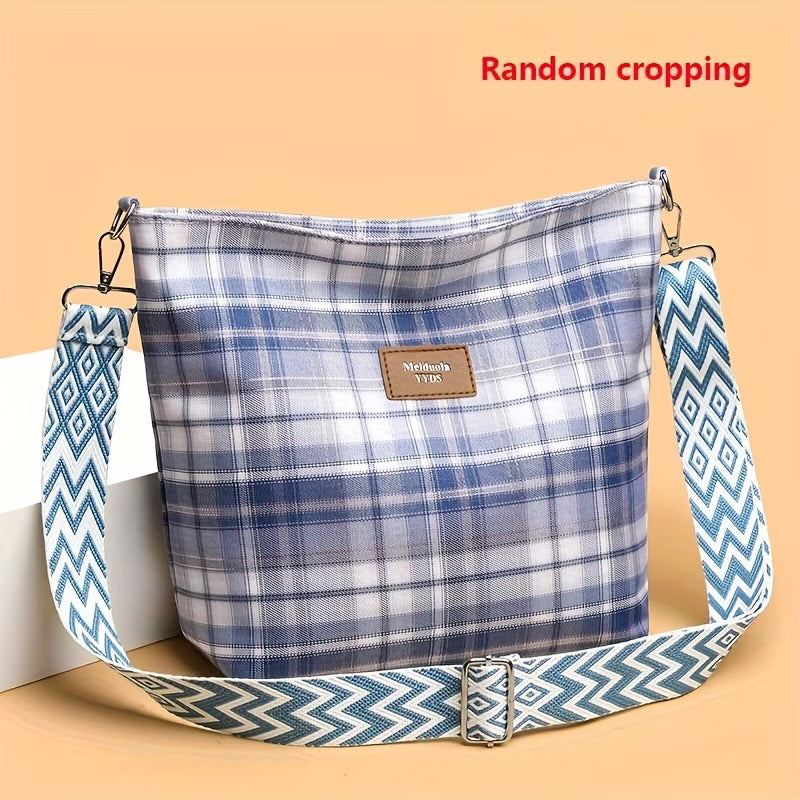 Ladies' Leisure Large-capacity Messenger Bag Tote Bag, Plaid Decorative Nylon Cloth with Wide Shoulder Strap,