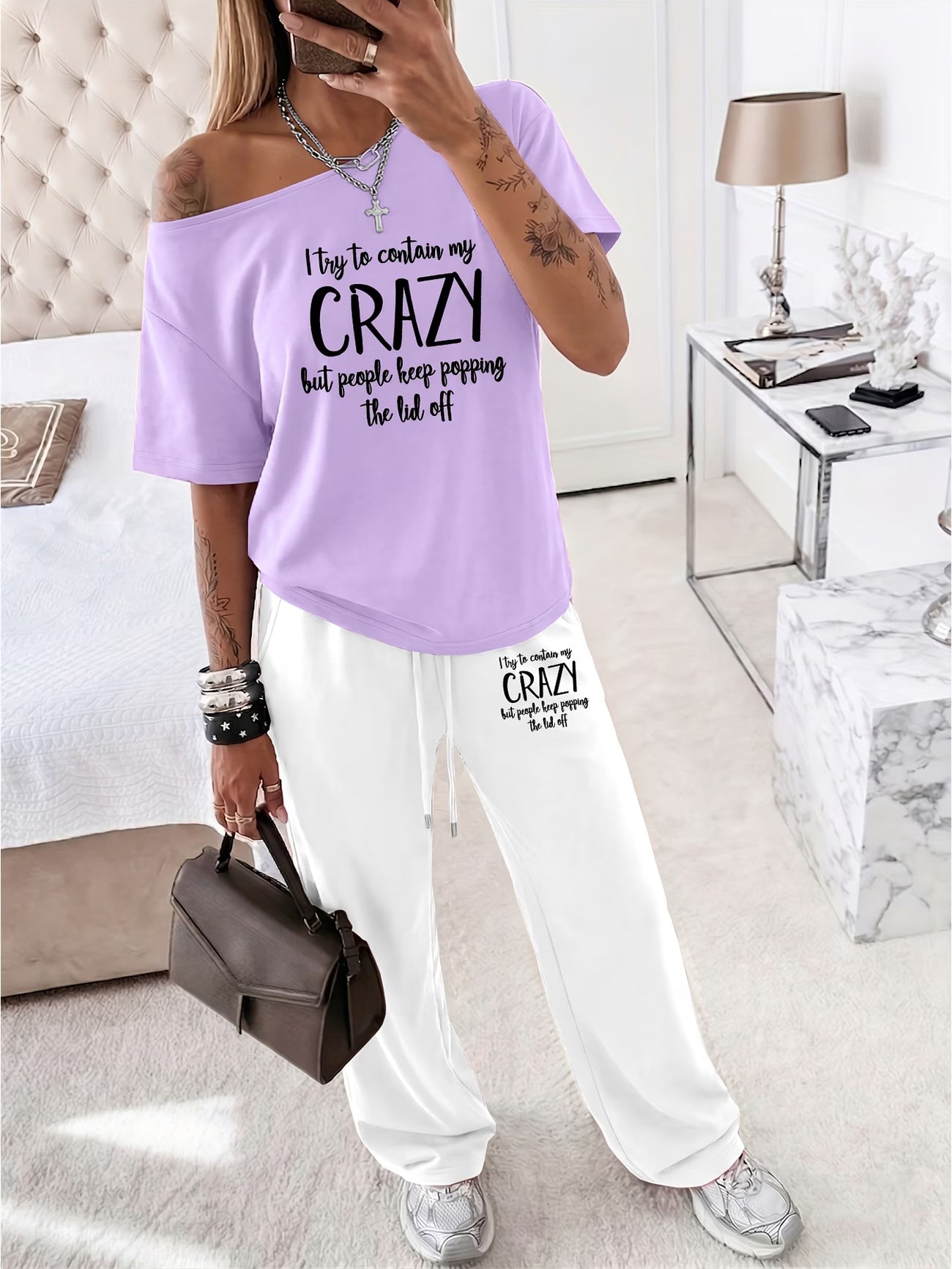 Off-Shoulder Short Sleeve Top & Wide Leg Trousers 2-Piece Co-ord Set