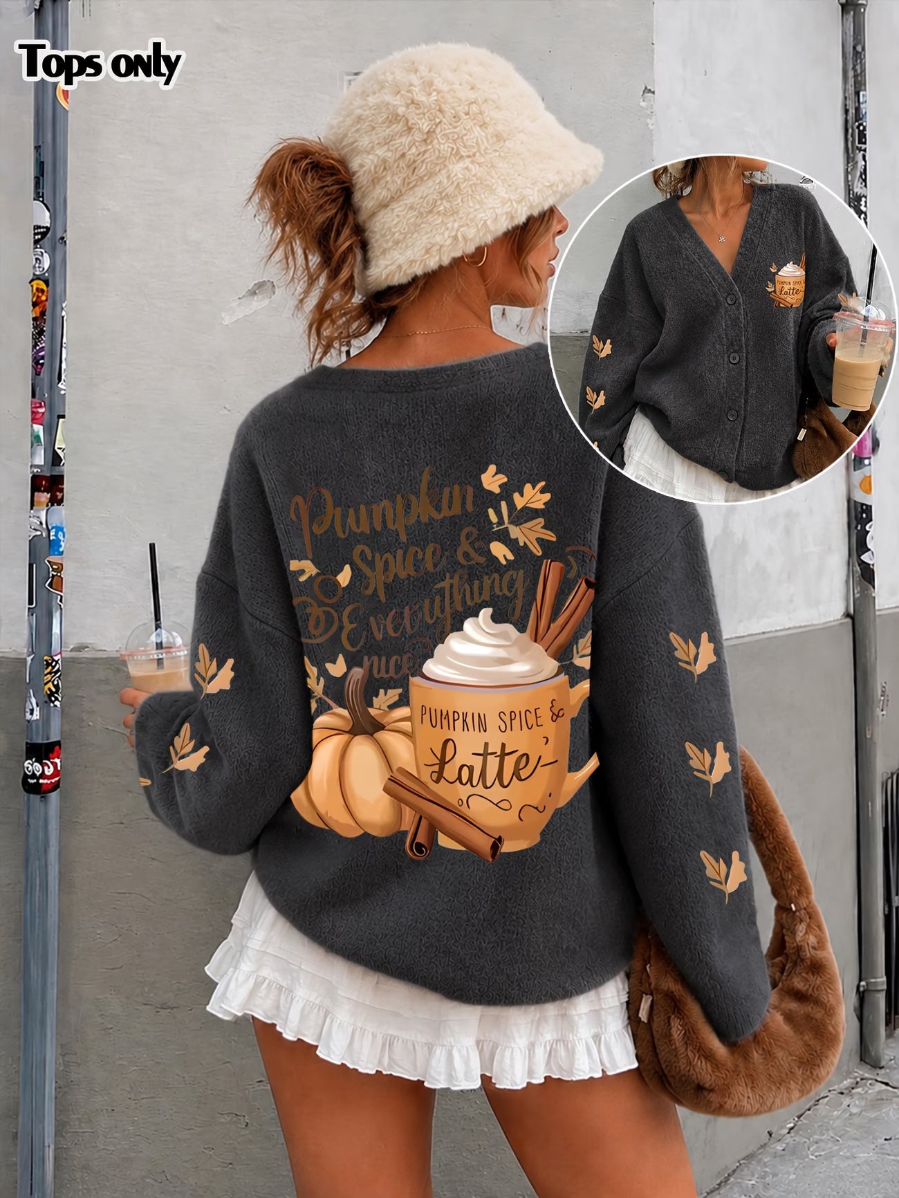 Women's Pumpkin Latte Print V-Neck Cardigan Sweater Jacket