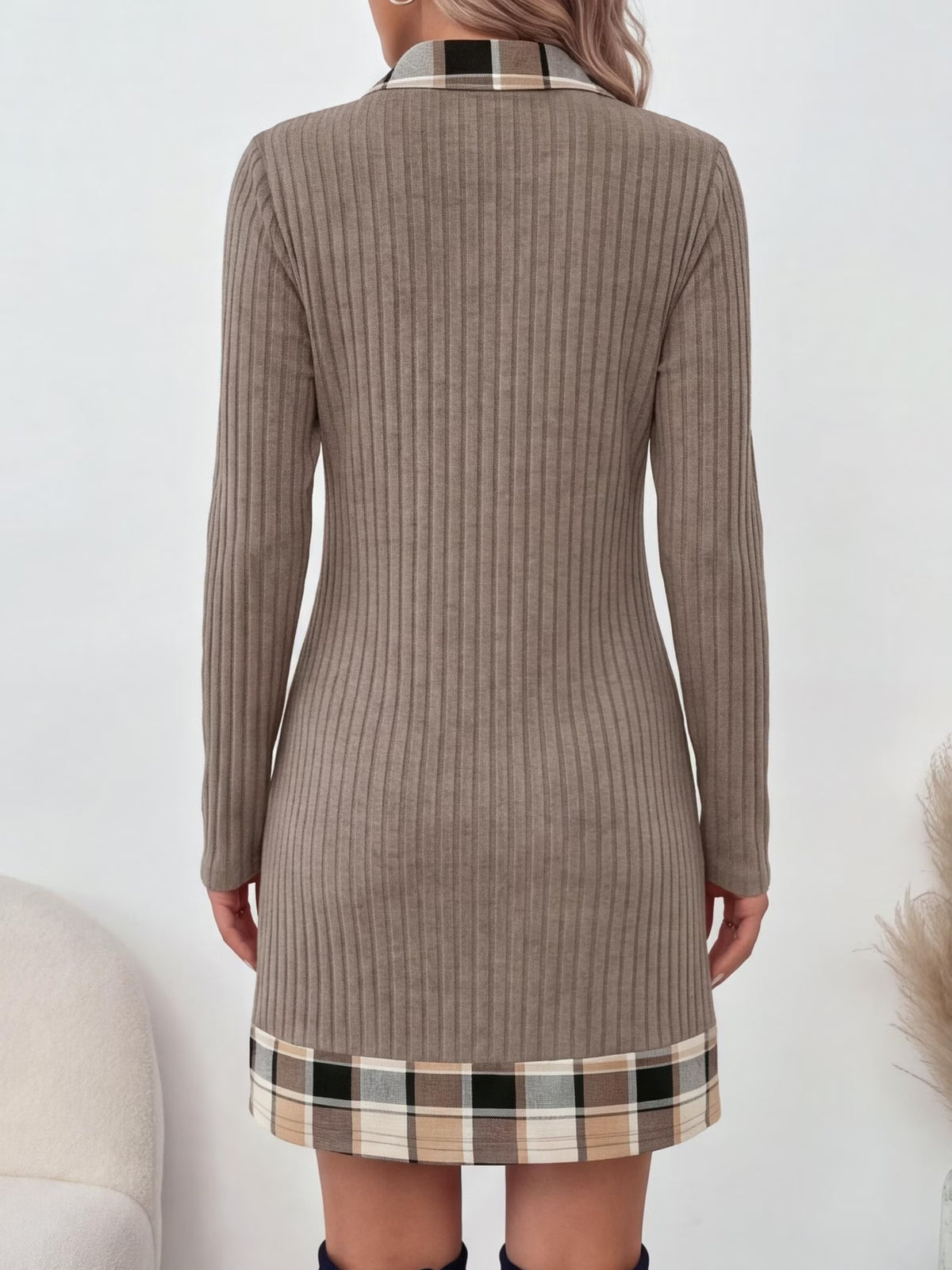 Women’s Ribbed Polo Collar Dress with Plaid & Leopard Print Patchwork