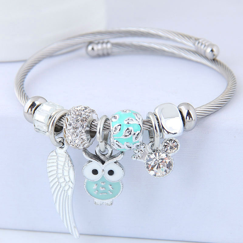 Beaded Owl & Angel Wings Charm Bracelet