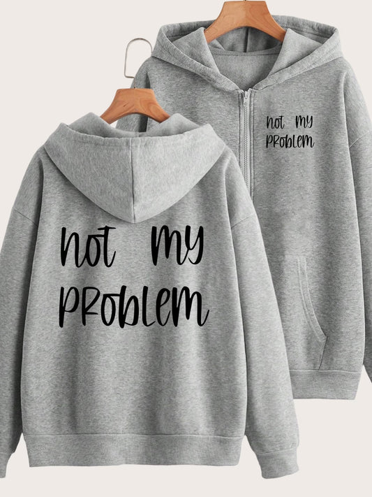 "Not My Business" 2-Pattern Print Y2K Zip-Up Hoodie with Hood