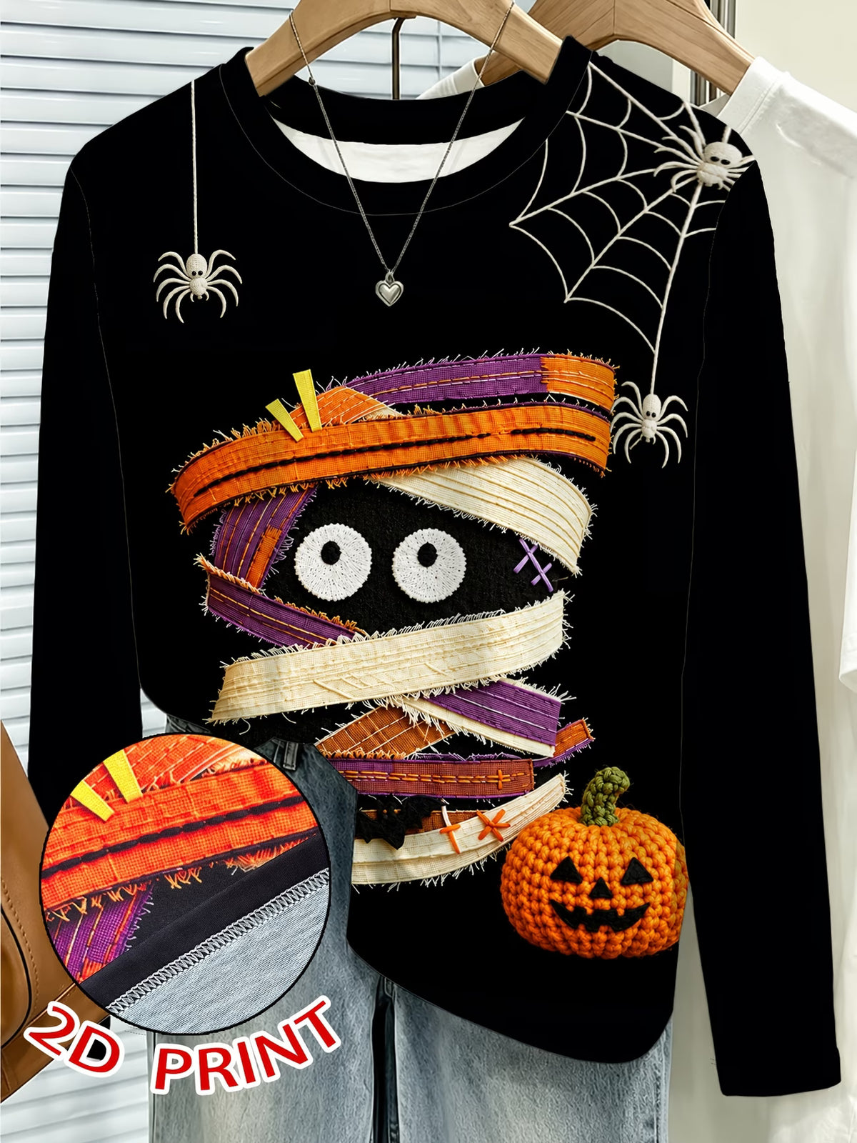 Halloween Mummy, Pumpkin & Spider Print Long Sleeve Top