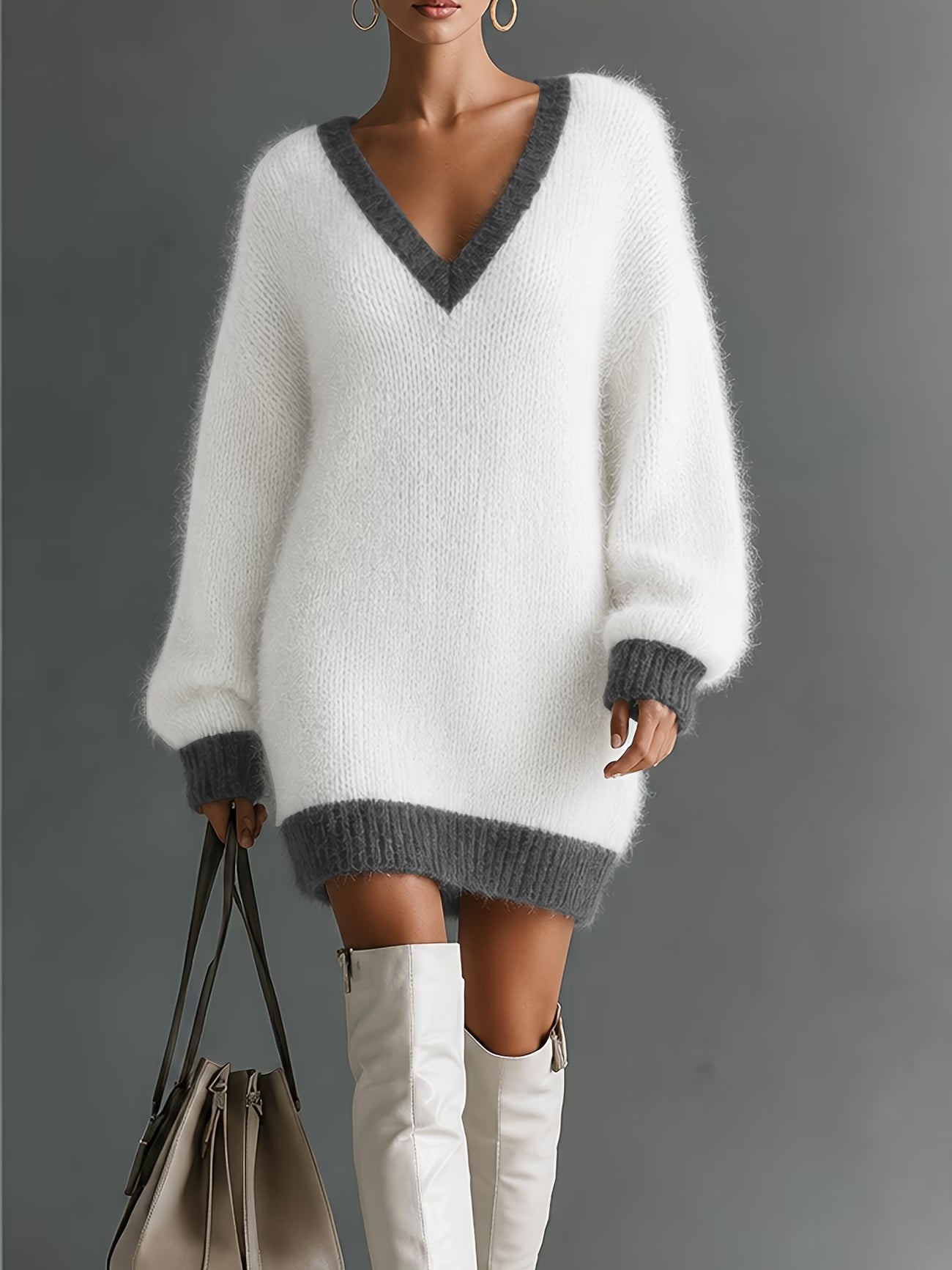 Women's Contrast Gray Trim V-Neck Plush Fluffy Mini Dress