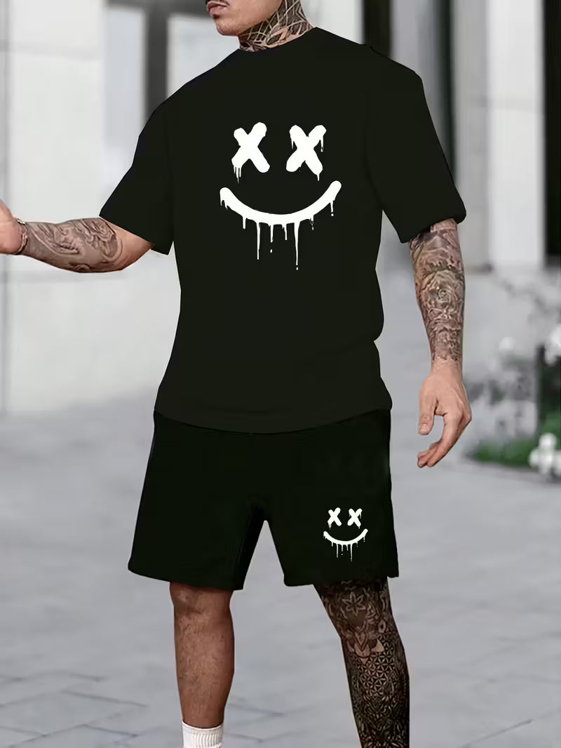 2pcs Men'S Pajama Set - Black Geometric Face Design Short Sleeve & Shorts,
