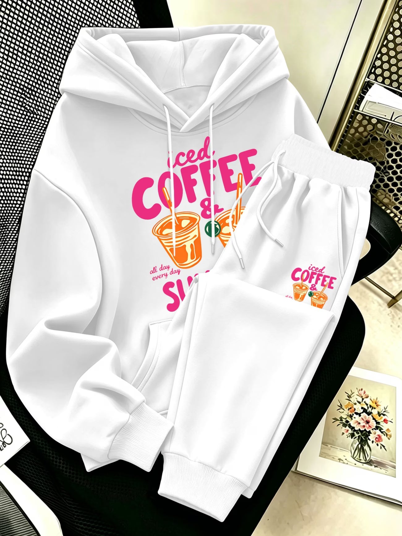 Plus Size Coffee & Dessert Print Hoodie & Pants Set — Vibrant Cute Design