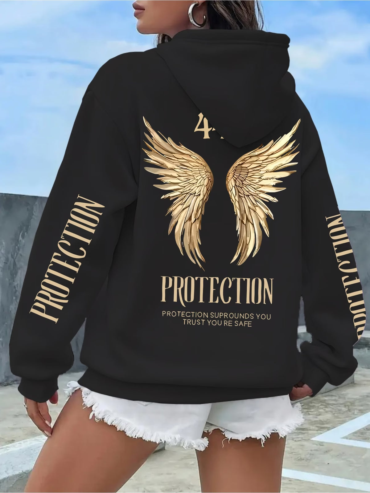 Women's Black Golden Wing Print Hoodie