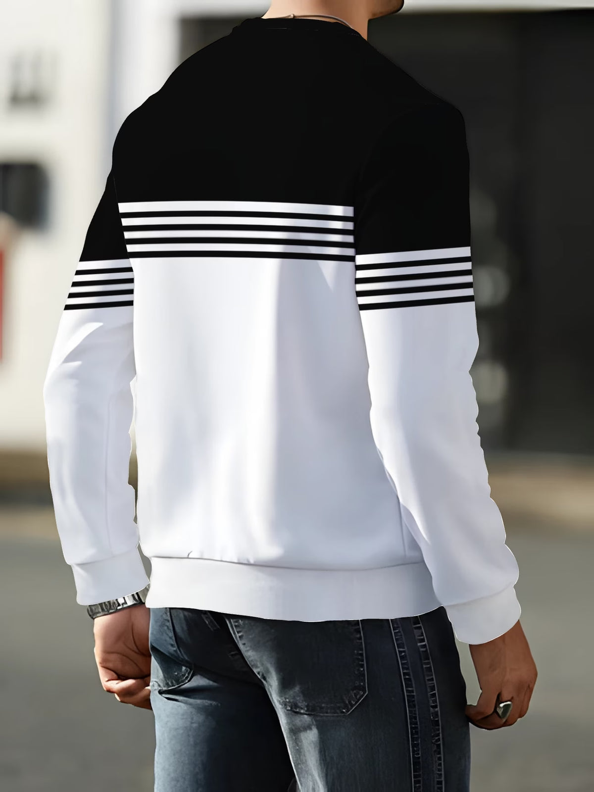 Men’s Black & White Striped Colour-Block Sweatshirt