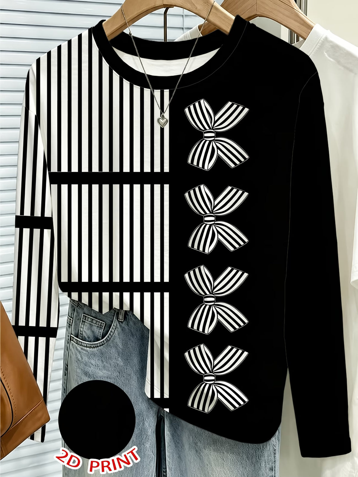 Black & White Vertical Stripe Bow Print Long Sleeve Top
