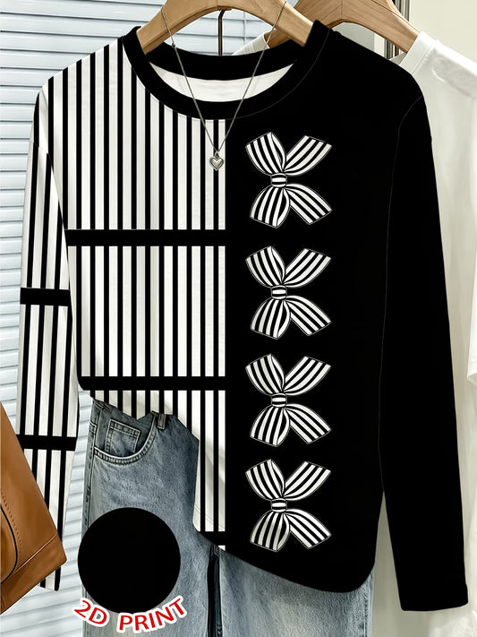 Black & White Vertical Stripe Bow Print Long Sleeve Top