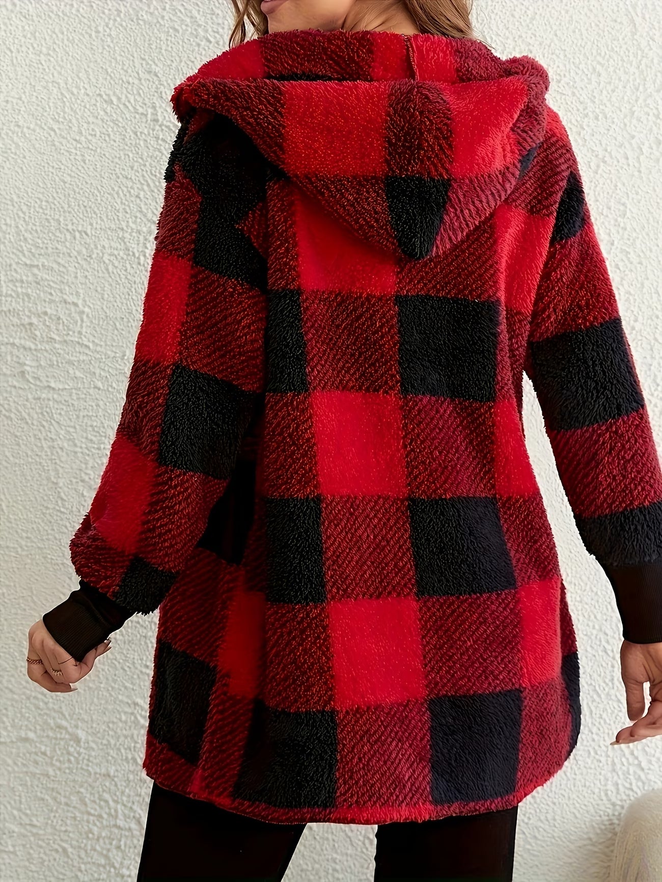 Fashionable Long Plaid Hooded Jacket