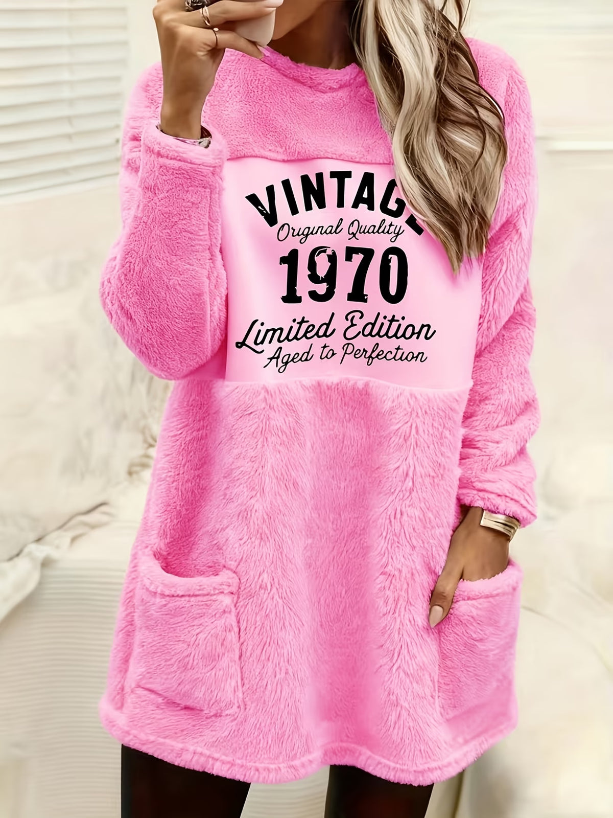 Women's Vintage Letter Print Plush Sweatshirt Dress