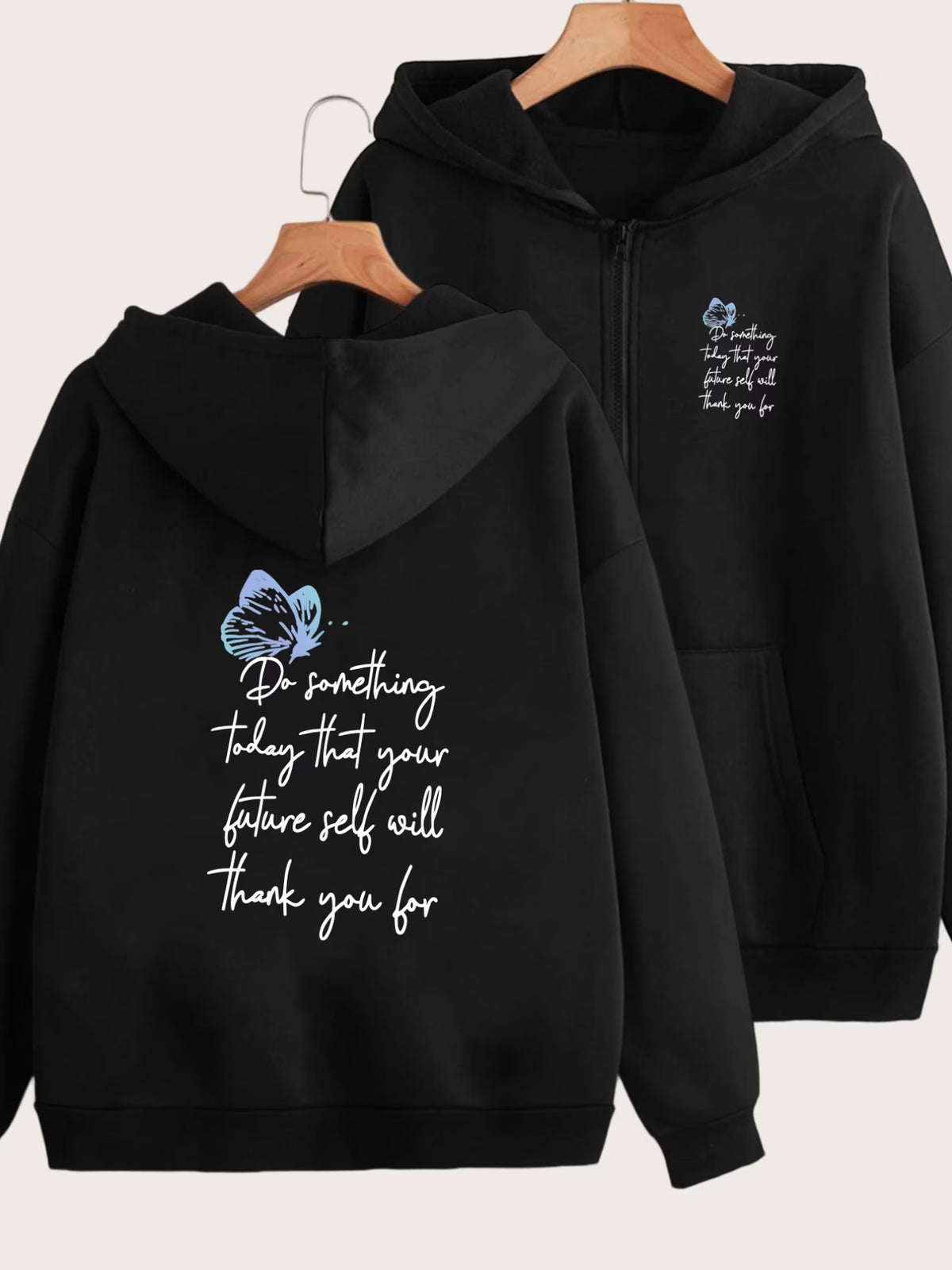 Butterfly & Inspirational Text 2-Pattern Print Y2K Zip-Up Hoodie