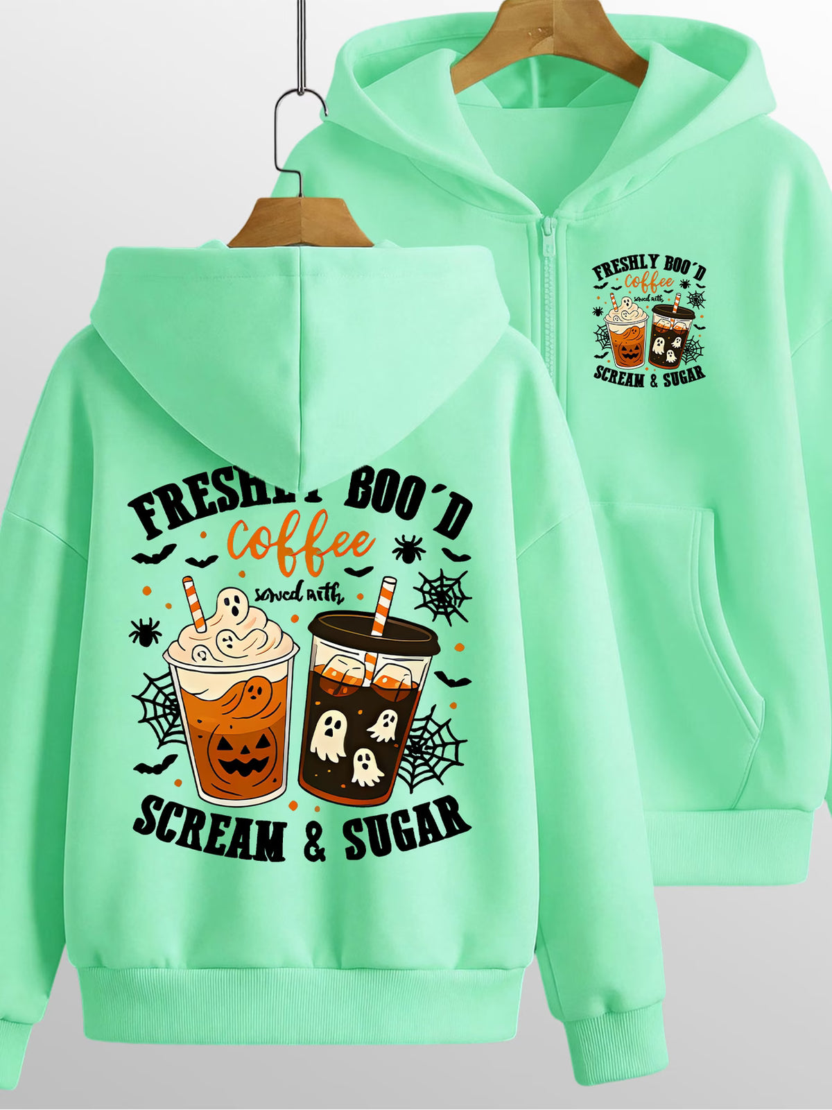 Halloween Fun Pattern Print Y2K Zip-Up Hoodie | Loose Casual Outerwear