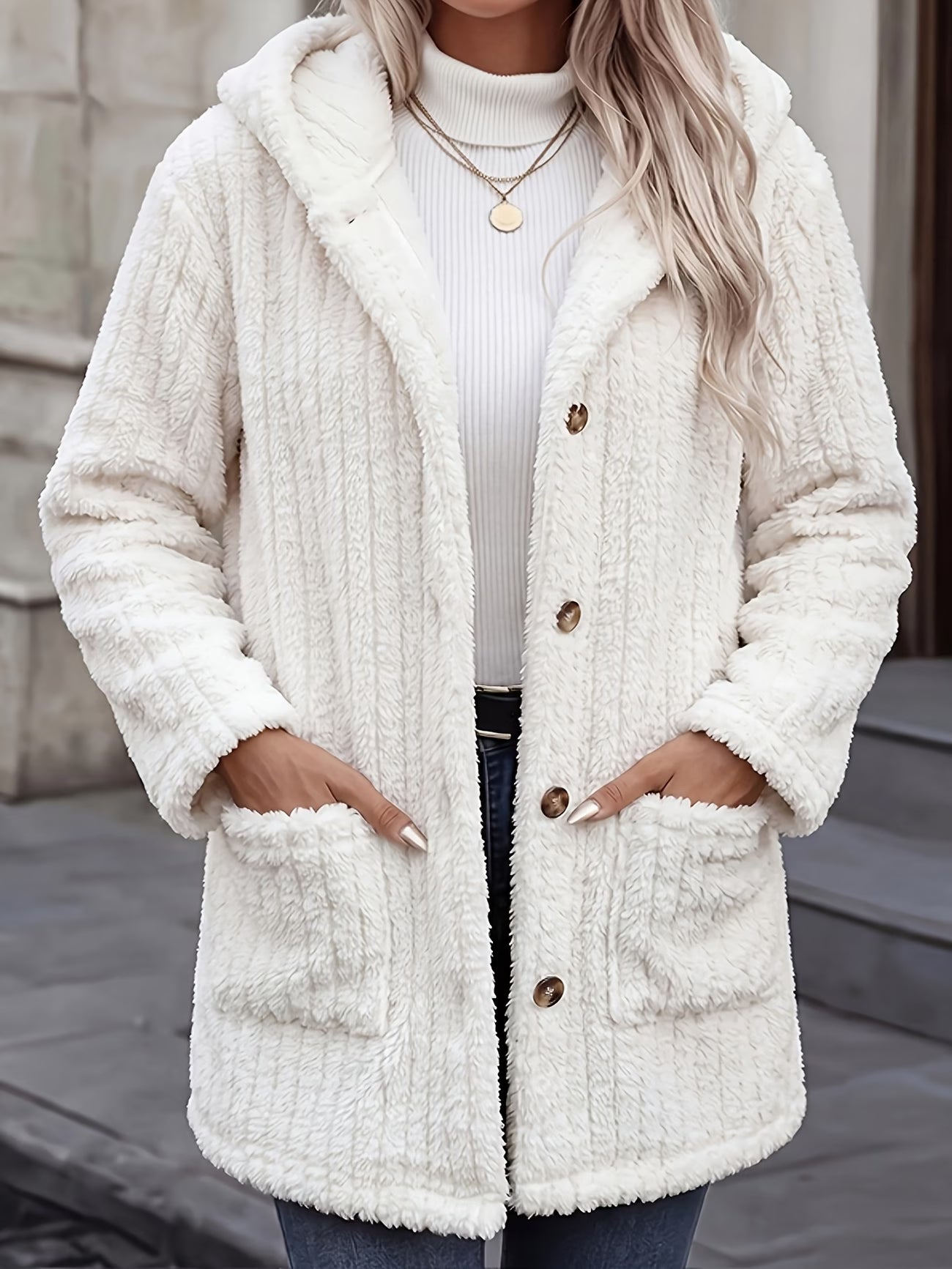Women's Thickened Teddy Hooded Winter Coat – Loose Fit Mid-Length Blazer with Pockets