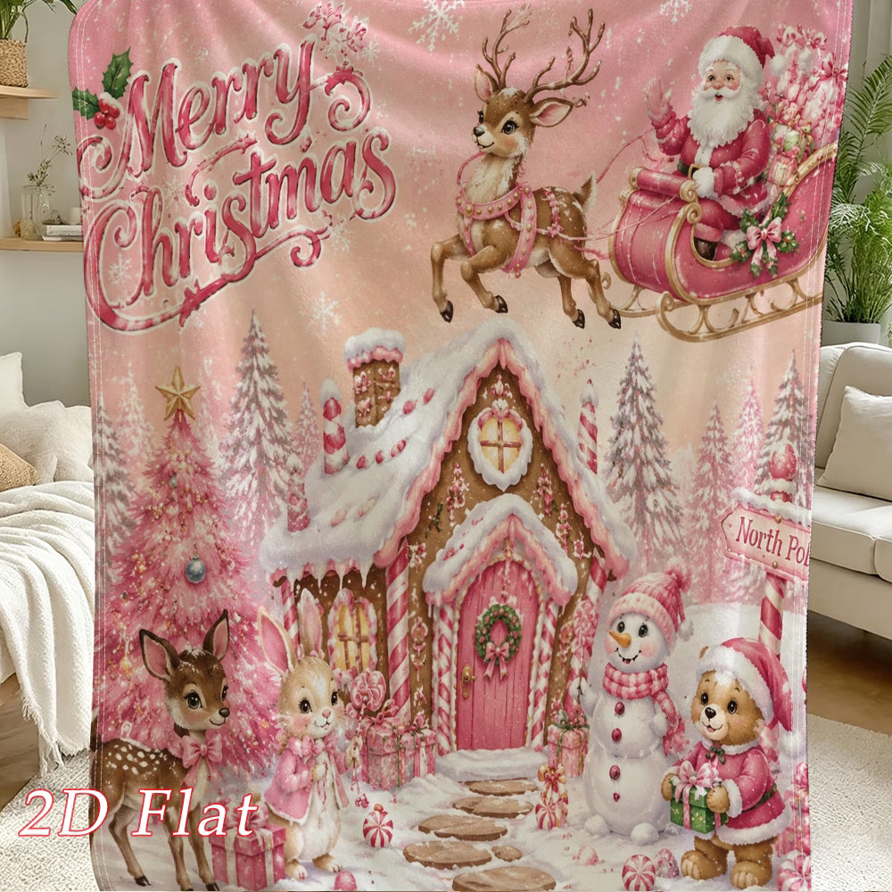 Pink Christmas Flannel Blanket with Gingerbread House & Festive Characters