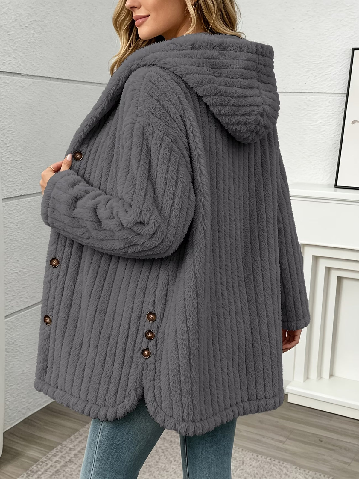 Women's Hooded Teddy Fleece Button-Front Coat