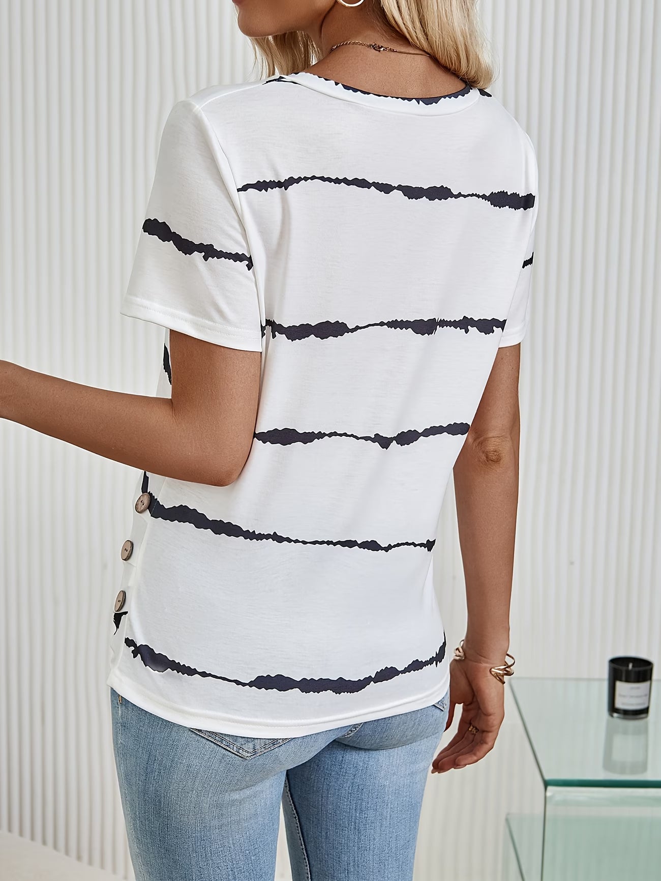 V-Neck Button-Front T-Shirt with Decorative Buttons
