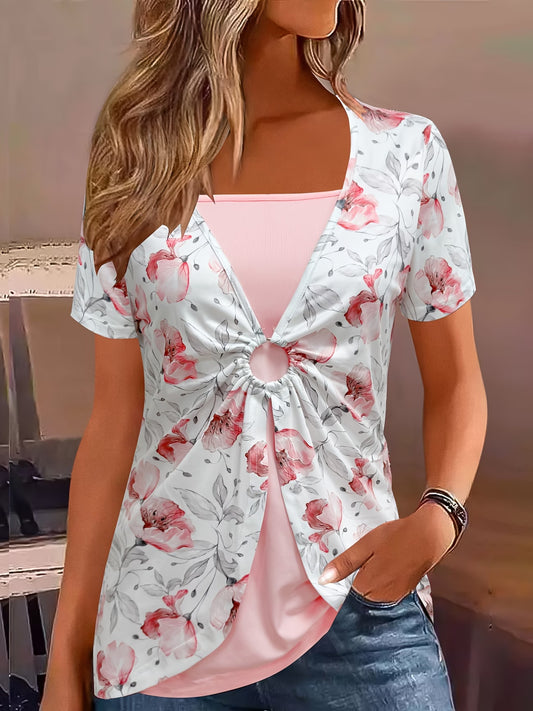 Women's Square Neck Ring Print Faux Two-Piece Top – Short Sleeve