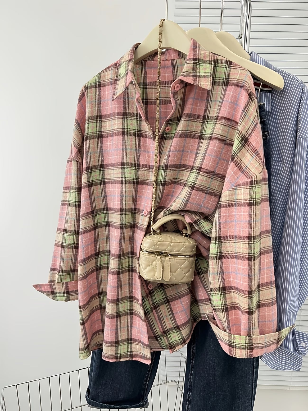 Elegant Plaid Front-Button Long Sleeve Casual Loose Shirt